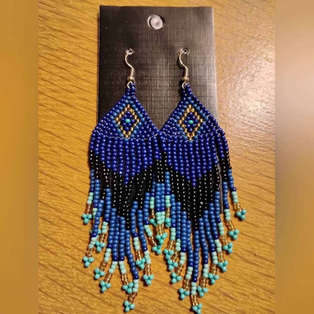 Tribal Gold, Blue and Black Beaded Fringe Earrings